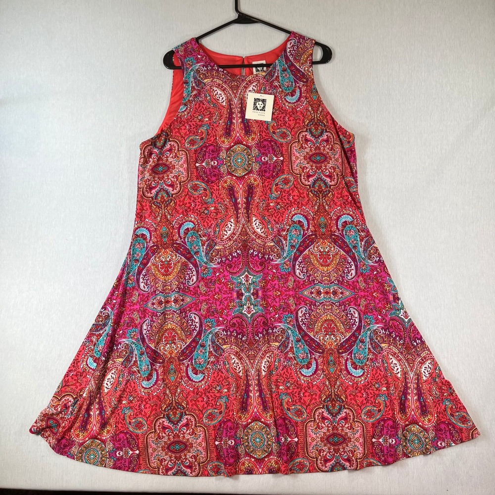 NEW Anne Klein Trapeze Dress Womens 16 Pink Paisley Sleeveless Stretch Poly NWT